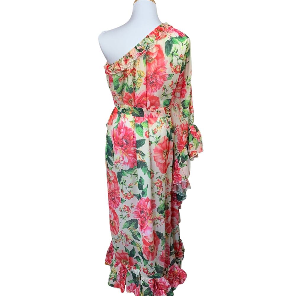 Dalia MacPhee Dress One Shoulder Ruffle Floral Maxi Pink Multi Belted Women's S - Picture 7 of 10